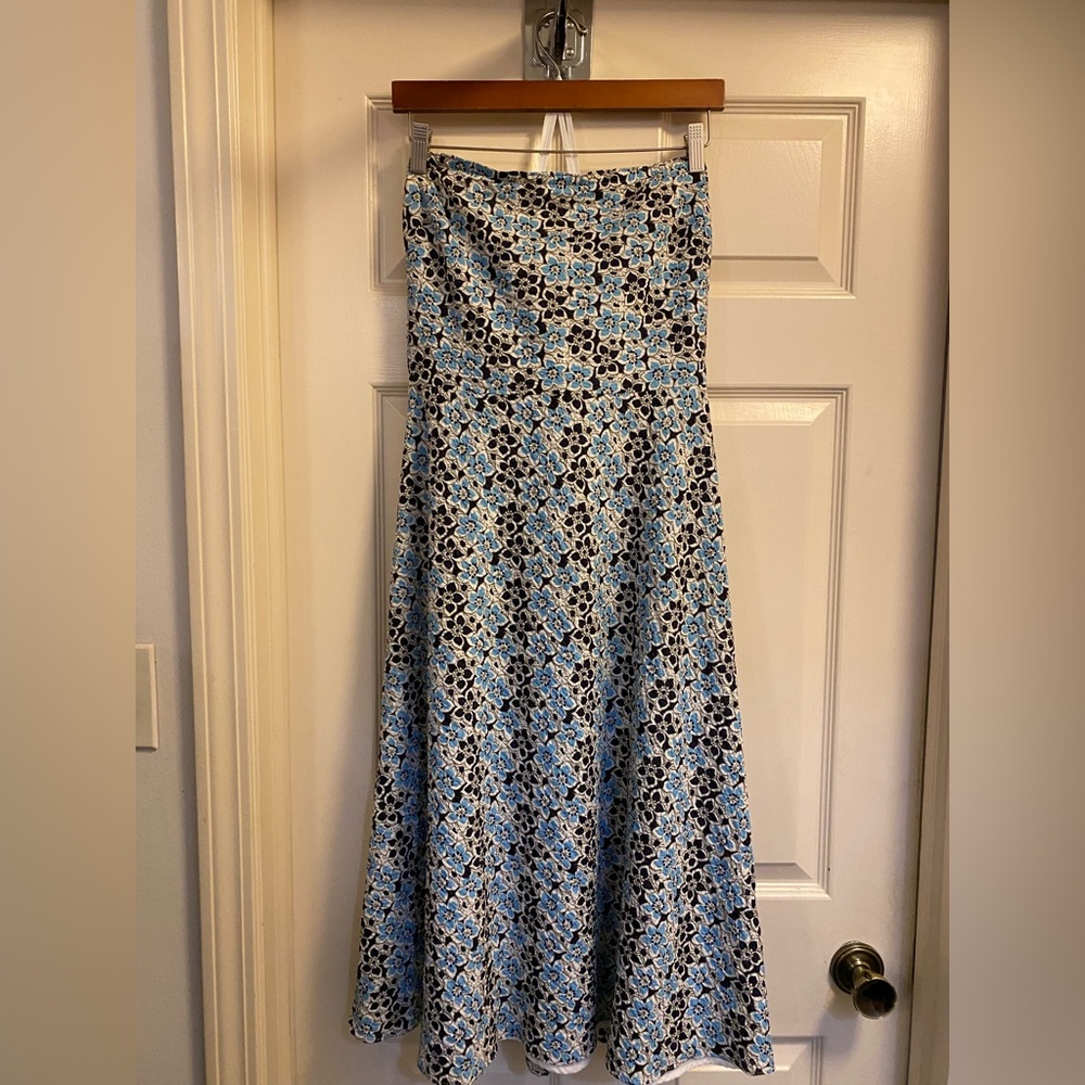 J. Crew Strapless   A-Line Cotton Dress  in Blue and Brown Floral size 14